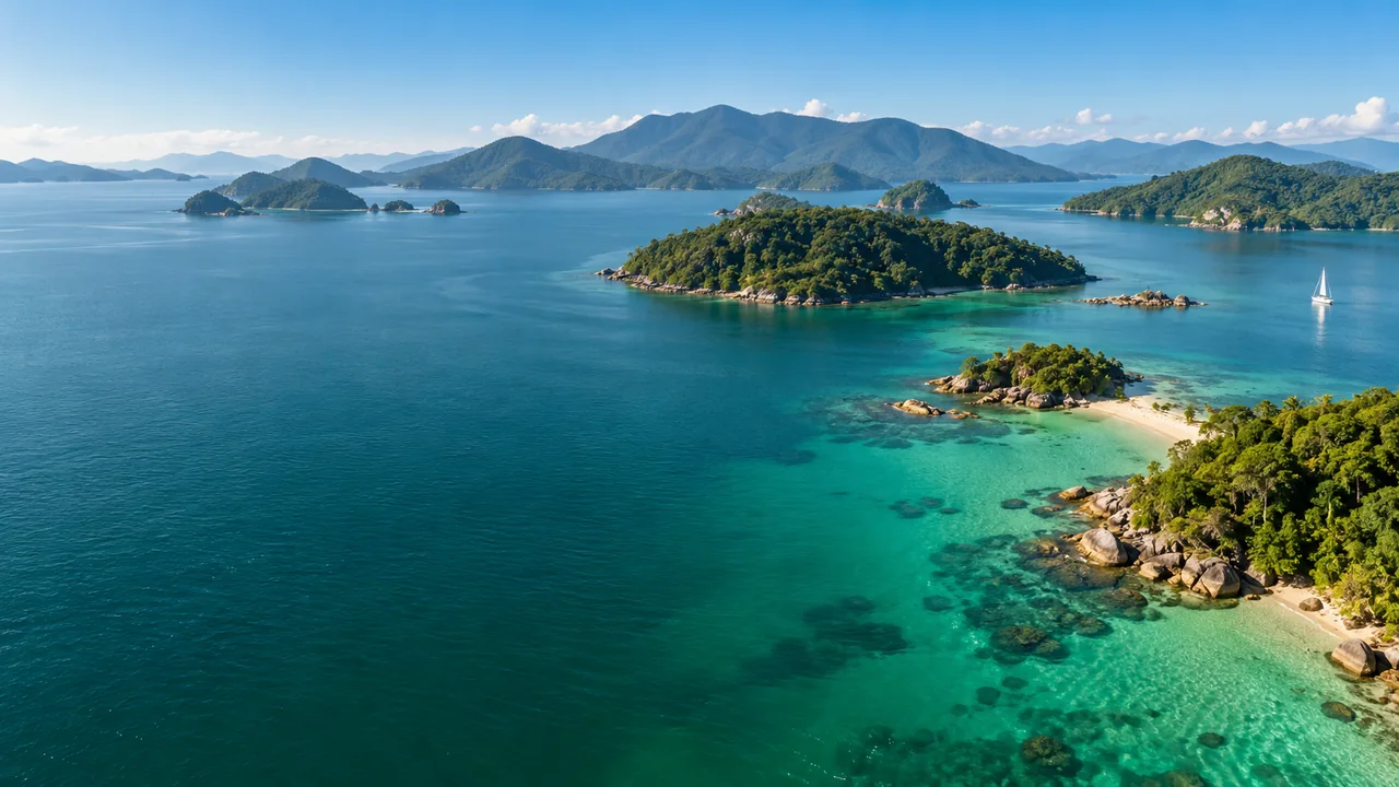 Paisagem ilustrativa de ilhas verdes e mar azul inspirada na Costa Verde